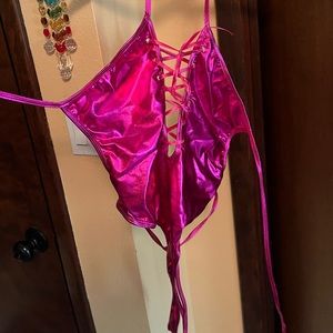 Sexy Metallic Shiny PU HOT PINK Lingerie Bodysuit S